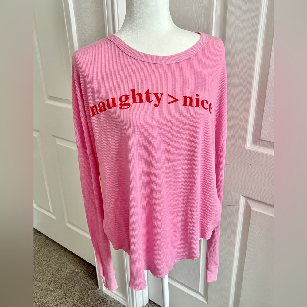 Wildfox Perry Thermal Naughty > Nice Oversized Christmas Tee Shirt Top Holiday